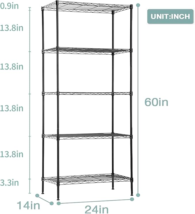 FDW | 5-Tier Wire Shelf | 24" x 14" x 60" | Black | Storage Shelves with Adjustable Racks, Holds upto 750 lbs | Rust-Resistant, No-Tool Assembly | For Home, Garage