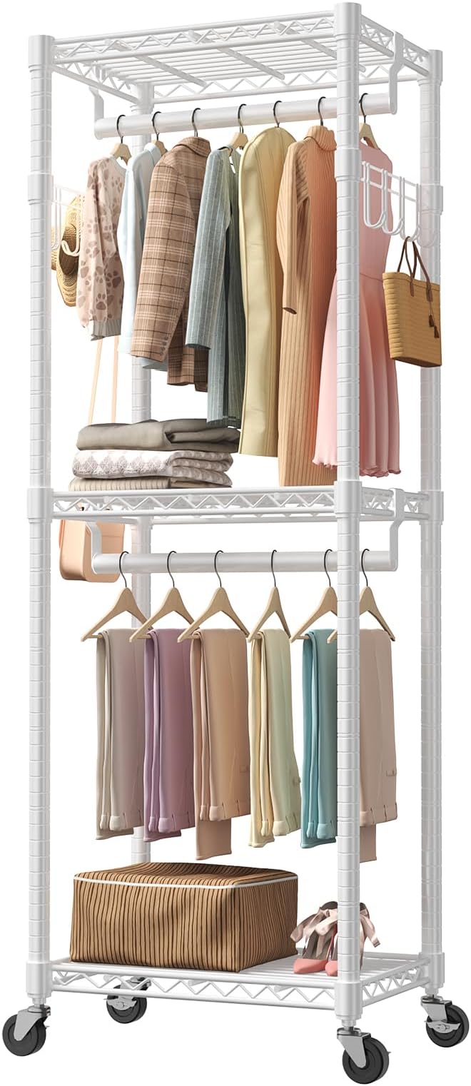OLIXIS Clothes Rack Heavy Duty Adjustable Garment Clothing Rack with Wheels, Rolling Metal Freestanding Closet Organizer for Hanging Clothes with 2 Side Hooks, Double Rods, 23.6"x15.7"x74.4", White