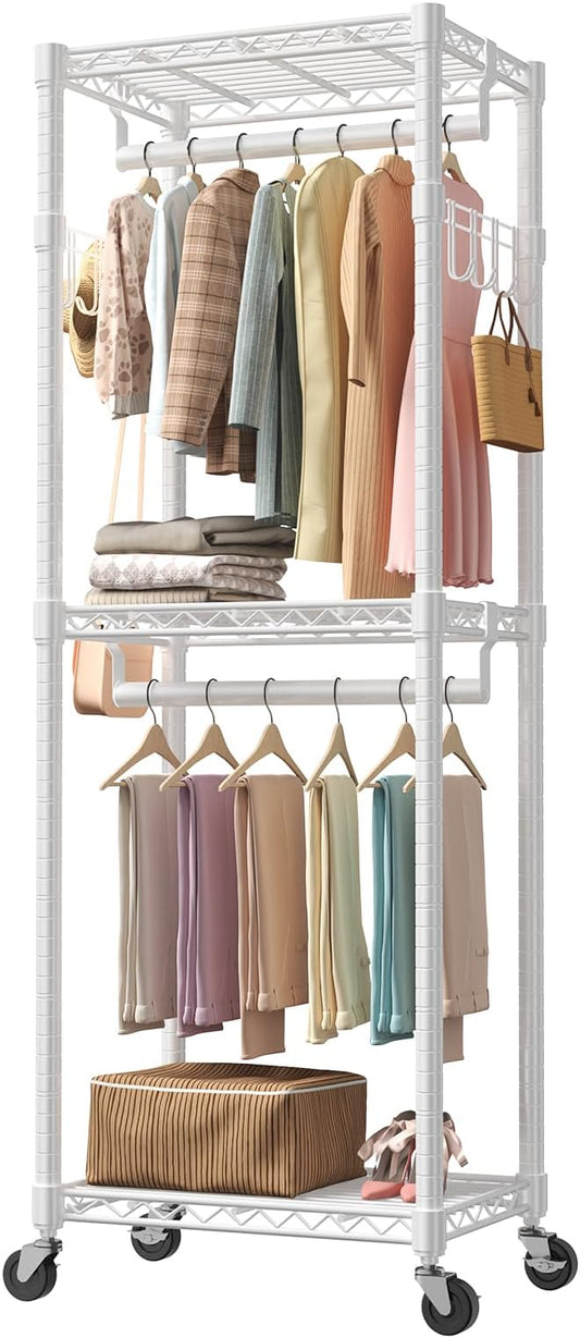 OLIXIS Clothes Rack Heavy Duty Adjustable Garment Clothing Rack with Wheels, Rolling Metal Freestanding Closet Organizer for Hanging Clothes with 2 Side Hooks, Double Rods, 23.6"x15.7"x74.4", White