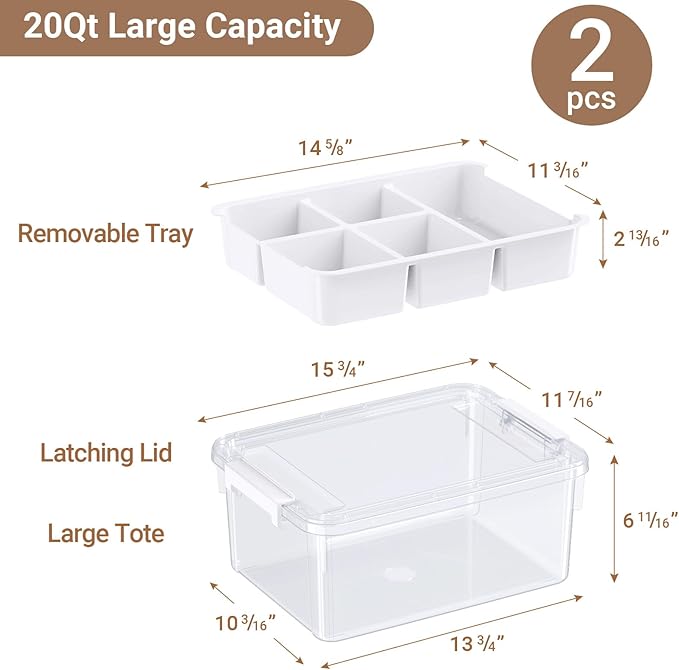 40Qt Stackable Storage Bins with Lids Trays Craft Box Organizers, 2Pack,WH | Clear Plastic Latching Boxes Organizers with Dividers Portable Containers for Arts & Crafts, Home Office Classroom Car Trunk
