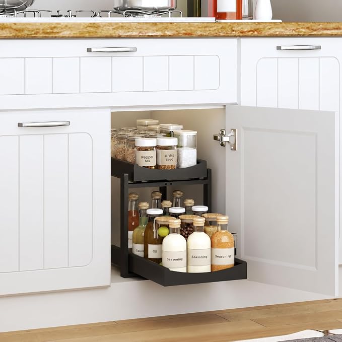MHXW SXPN Bamboo Under Sink Organizer, 2 Pack Pull Out Cabinet Organizer | 2 Tier Vertical Smooth Slide Out Undersink Storage Shelf | Multi-Purpose Organizer Shelves for Kitchen Bathroom Medicine