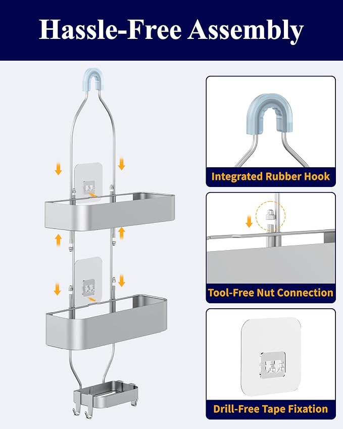 Kitsure Shower Caddy Hanging, No-Drill Bathroom Shelves, Silver, 28.5" H | Bathroom Organizers and Storage, Wobble-Free Shower Organizer with Adhesive Tapes, Rust-Proof Shower Storage for Toiletries