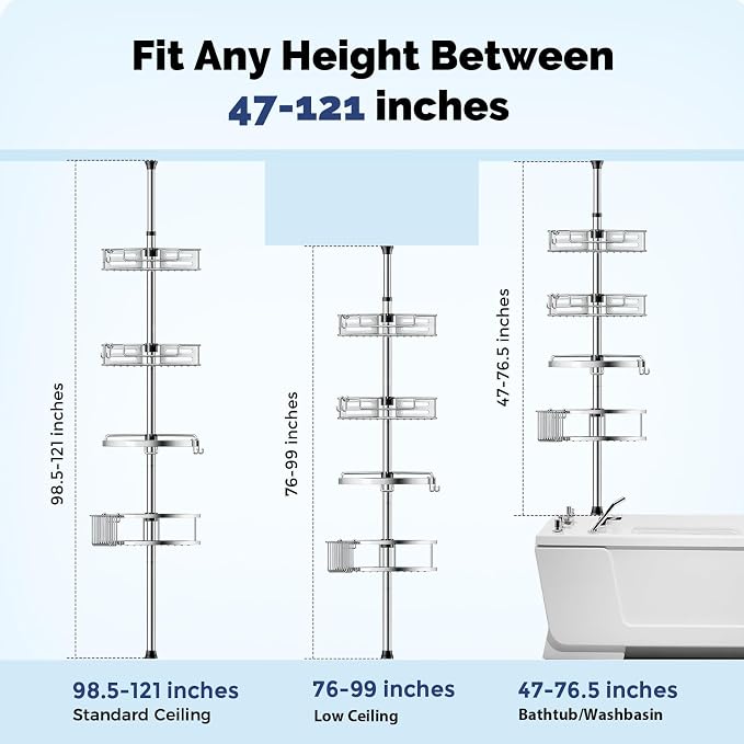 HAMITOR Corner Shower Caddy Tension Pole: Quick Installation 4-Tier Rustproof Bathroom Organizer Shelves for Bathtub Shampoo Storage - 47-121 inch Adjustable Floor Standing Bath Rack Holder - Silver | No-Drill Setup, Adjustable Height Tension Pole, Rus...