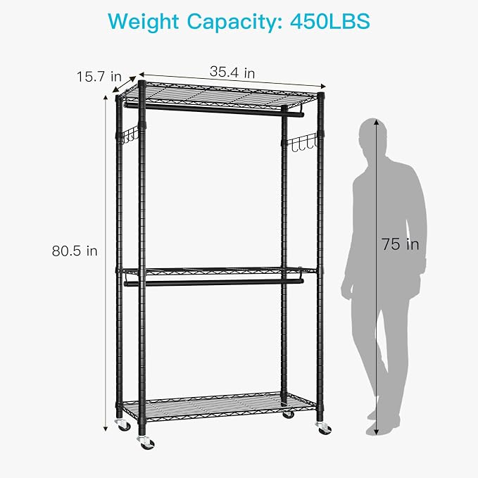 FUTASSI P1 Heavy Duty Garment Rack, Rolling Closet Organizer with Wheels | 3-Tier Freestanding Metal Clothes Clothing Wardrobe System with Double Hanger Rods and Hooks, Max Load 450lbs, Black