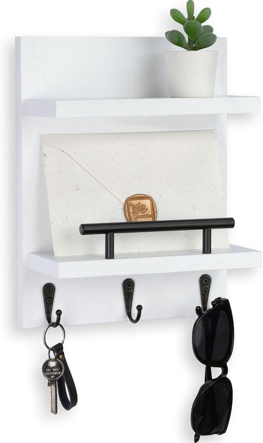Key Holder Wall Mount, Mail Shelf Decor with 3 Key Hooks, Versatile Wood Wall Organizer for Entryway Hallway (8.2” x 10.6”x 3.6”) (White)