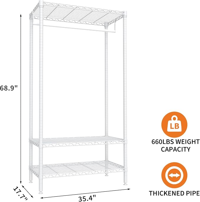 Heavy Duty Garment Rack 600 Lbs Load Stable Clothes Rack for Hanging Clothes Wardrobe Closet with Adjustable Shelves & Hanging Rod 17.7" D x 35.4" W × 68'' H White