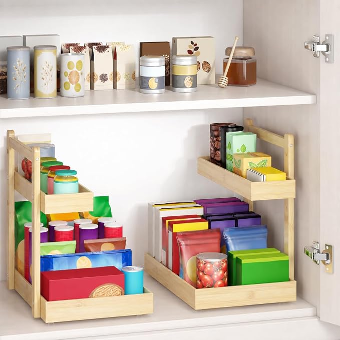 Bamboo Under Sink Organizer 2 Pack, 2-Tier Pull Out Cabinet Organizer | Kitchen Sink Organizer | Bathroom Cabinet Organizer | Cleaning Supply Storage | L-Shape | 3-Level Adjustable | Natural Bamboo