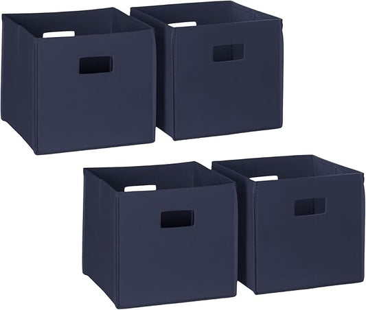 RiverRidge Folding Storage Bins - 4-pack of 10in Tall Navy Cubes | Fabric Bins, Set of 4 Storage Cubes, Cut-out Handles, Playroom Closet Organizer, Collapsible Cubby with Bottom Board Insert