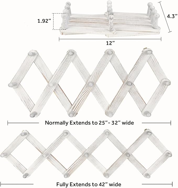 Accordian Wall Hanger, Expandable Coat Rack Wall Mounted, Accordion Style Wood Hat Rack with 13 Peg Hooks for Hanging Coats, Hats, Mugs, Bags, Purses, Necklaces, Rustic White