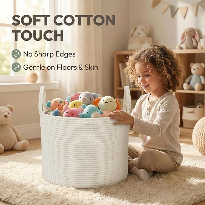 JMvicyroam 65L Extra Large Machine Washable Cotton Rope Blanket Basket | Collapsible laundry hamper, Reinforced handles, For blankets, pillows, toys and clothes, Living room and bedroom, White