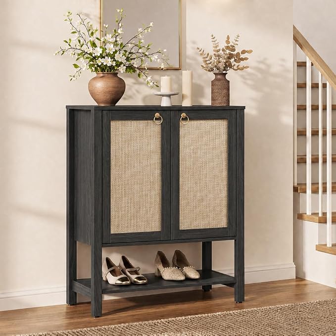 SICOTAS Rattan Shoe Storage Cabinet 5 Tier Shoe Organizer | with Doors and Shelves 24 Pair Capacity Tall Farmhouse Boho Shoe Rack for Entryway Hallway Living Room Closet, Obsidian
