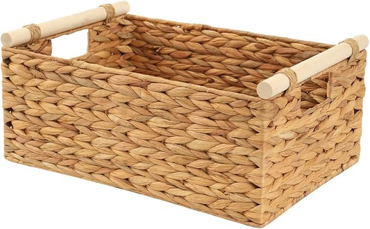 Wicker Storage Basket, Woven Shelf Organizer, 15.5x10.8x6.2 Inch | 15.5x10.8x6.2" natural wicker basket with handles; rectangular shelf organizer for kitchen, bathroom and living spaces.