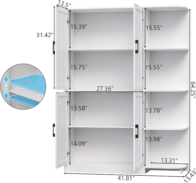 Kitchen Pantry Storage Cabinet, 64" Tall Freestanding Cupboard with Doors & Adjustable Shelves, Food Pantry Cabinet with 5-Tier External Shelf for Dining Room (White)