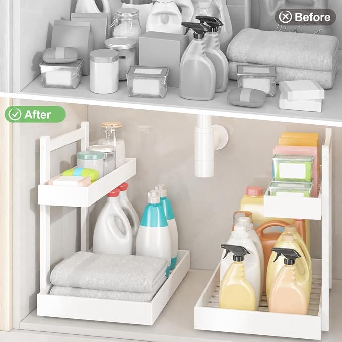 Bamboo Under Sink Organizer 2 Pack, 2-Tier Pull Out Cabinet Organizer | Kitchen Sink Organizer | Bathroom Cabinet Organizer | Cleaning Supply Storage | L-Shape | 3-Level Adjustable | Natural Bamboo