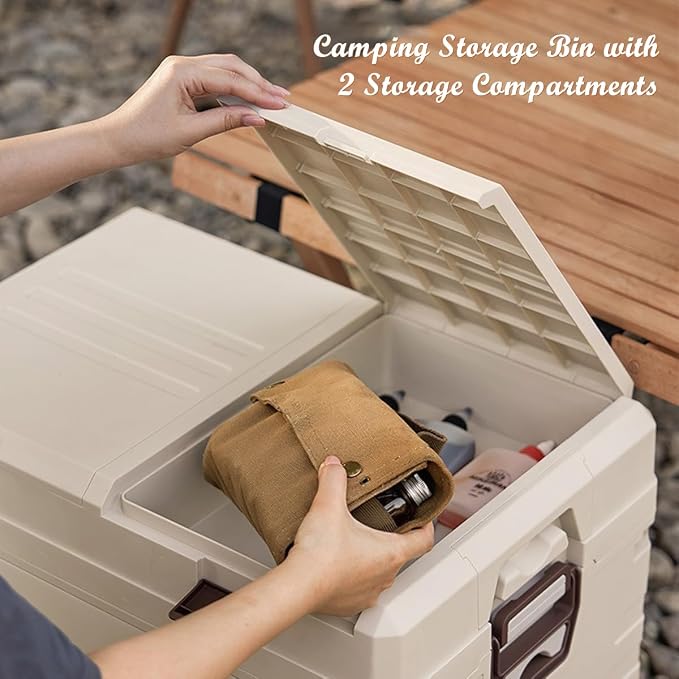 Collapsible Folding Storage Bin with 2 Compartments, 42L Side Opening Organizer for Car Trunk, Picnic, Fishing, Office