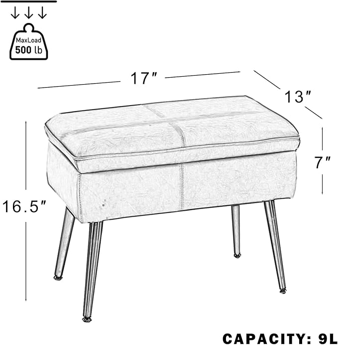 Square Storage Ottoman Upholstered Vanity Accent Stool Cognac Brown | Square Mid-Century Modern Accent Dining Makeup Piano Stool with Padded Upholstered Seat & Metal Legs for Living Room Bathroom