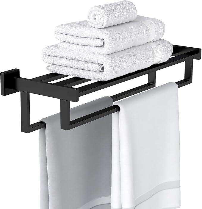 STWWO Towel Racks for Bathroom Wall Mounted, 24 Inch Black Double Towel Bar | Dual Towel Rack with Shelf, Double Towel Bar with Shelf, Stainless Steel Hand Towel Hanger, Bath Towel Holder for Wall