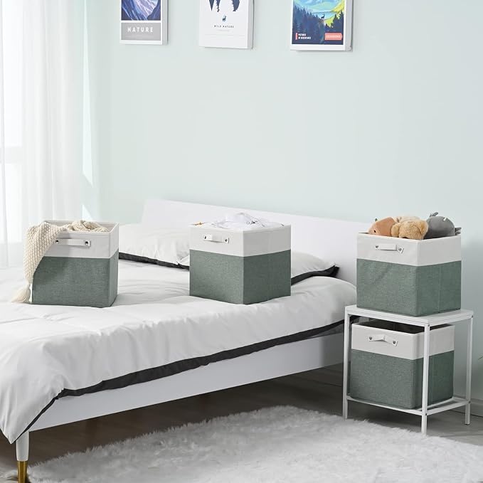 FinishingBo 13x13x13 Storage Cube Bins 6 Pack, Cube Shelf Baskets | Foldable Storage Cubes, Linen Storage Bins with Handles, Closet Organizers, White/Green