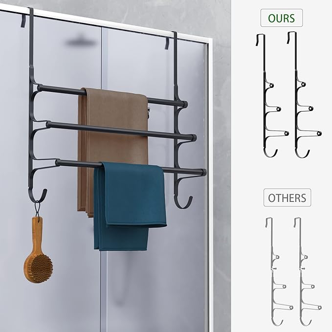 CANYAVE Over The Door Towel Rack, Over Door Towel Rack for Bathroom Door, Triple Towel Storage Holder with Hooks (Matte Black, 20.15" L)