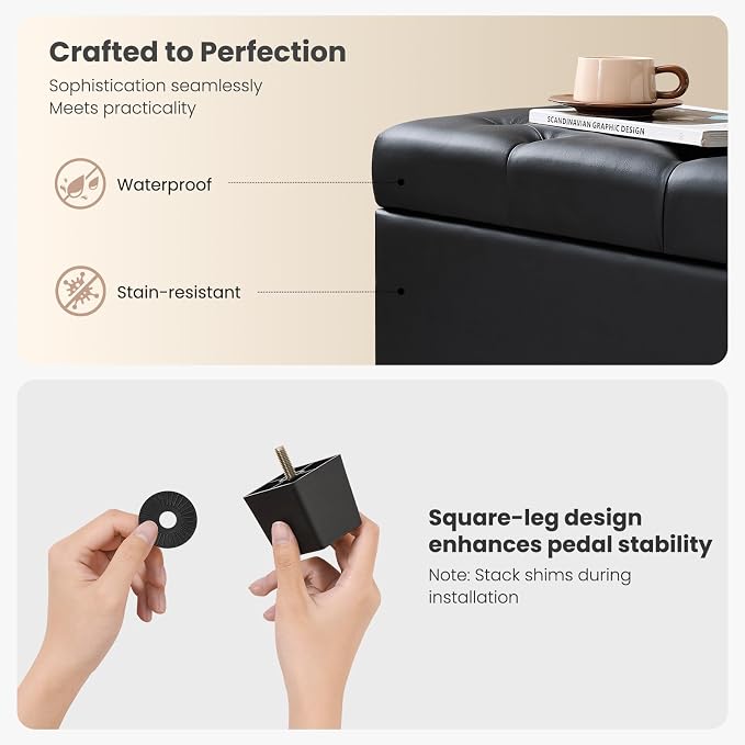 Living&Giving Leather Storage Ottoman Bench for Bedroom, 47.2", Black | 47.2'' faux leather storage ottoman with safety hinge, tufted seat and spacious hidden storage for everyday organization