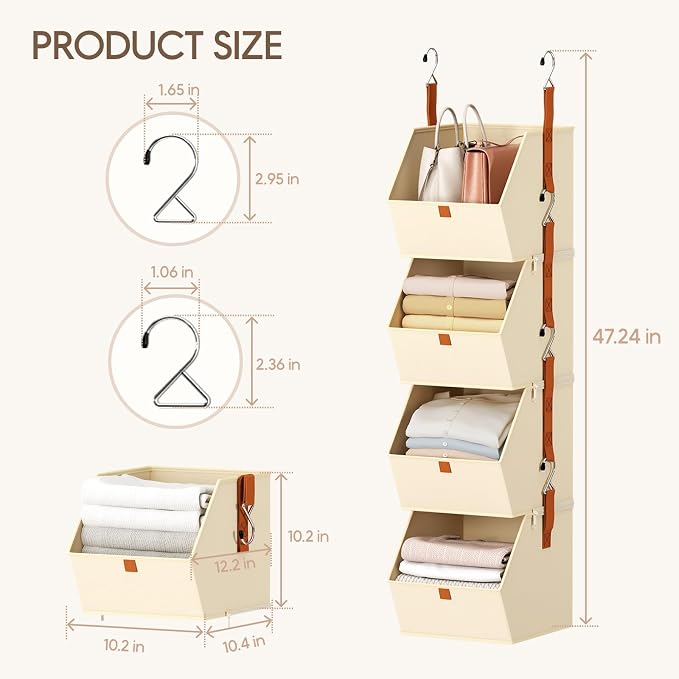 Homsorout Hanging Closet Organizer 4 Tier - Clothes Hanging Shelves, Space-Saving Closet System, Fabric Storage Bins Bedroom Organization, Collapsible Baskets for Home, Dorm, Rv, Beige