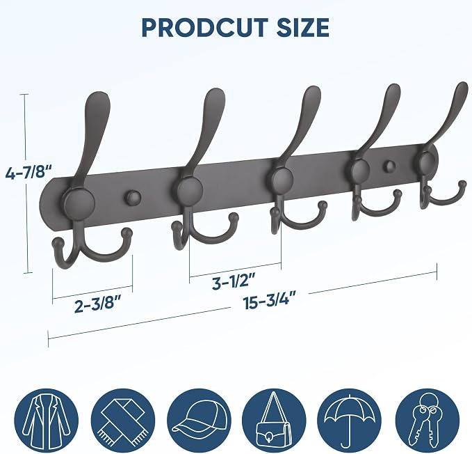 TICONN Wall Mounted Coat Rack, Five Heavy Duty Tri Hooks All Metal Construction for Jacket Coat Hat in Mudroom Entryway (Space Gray, 2-Pack)