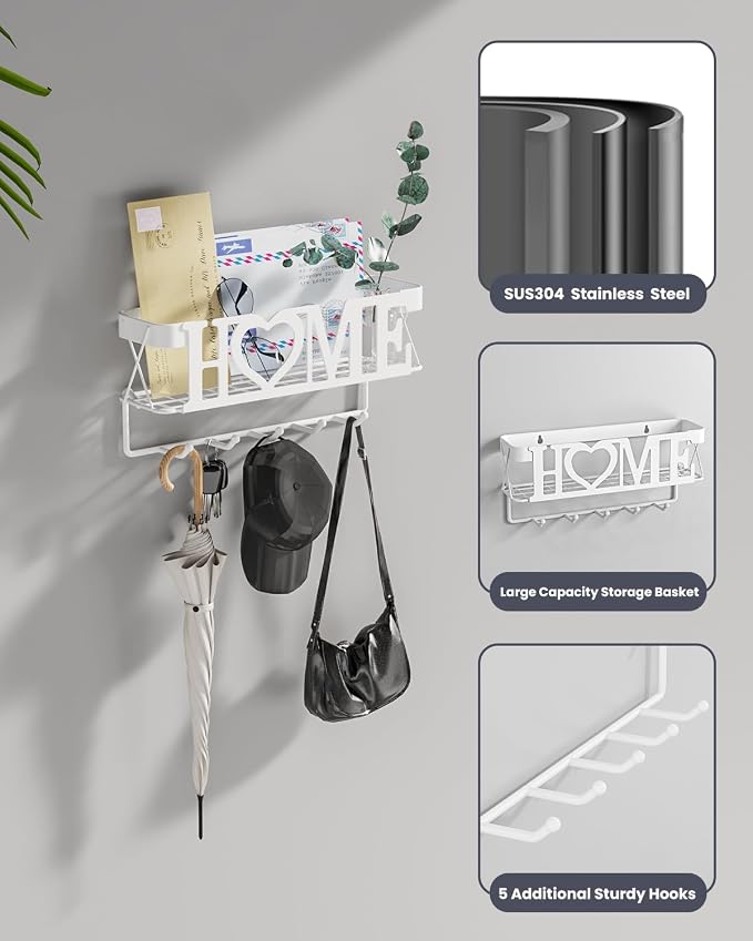 Key Holder Wall Mount - Adhesive Key Holder with 5 Hooks, Key Rack and Mail Organizer, Metal Basket Key Hanger for Entryway, Home, Living Room Decor, 11" L×2.8" W×4.9''H(White)