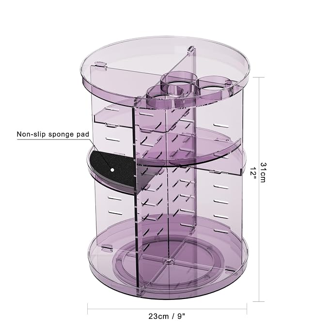 Rotating Makeup Organizer, DIY 8 Adjustable Layers Spinning Skincare Storage, Cosmetic Display Case with Brush Holder and Perfume Tray, Multi-Function Vanity Bathroom Countertop Organizer Clear Purple