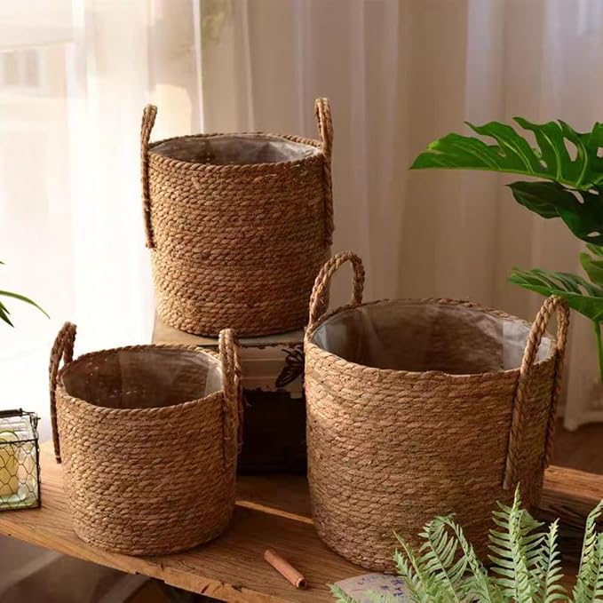 Hand Woven Seagrass Storage Basket Flower Baskets Plant Pot Succulent Organizer For Home Living Room Decorate Landscape Handmade(Natural,7.87''X7.87'')
