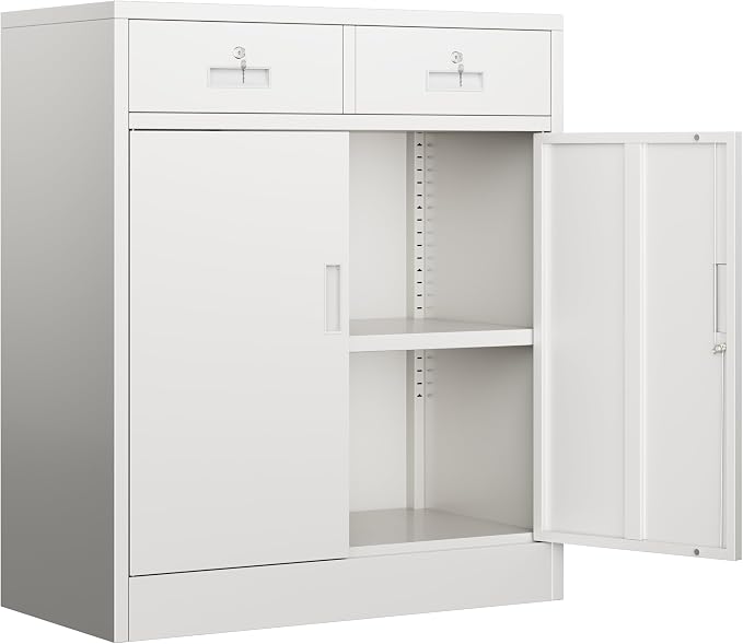 BESFUR Metal Garage Storage Cabinet with Two Lockable Drawers 2 Locking Doors and an Adjustable Shelf, 36" White Metal Short Storage Cabinet for Home Office, Garage,School,Utility Room