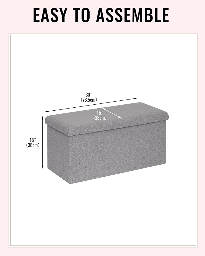 30 Inch Storage Ottoman Bench, Boucle Folding Ottoman Footstool, Rectangular Sherpa Footrest Storage Bench for Bedroom, Living Room, Entryway, Dorm, Grey