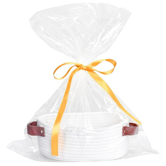 ABenkle Small Woven Basket, Mini Cotton Rope Storage Tiny Shelf Oval Decorative Toy Dog Cat Bin for Nursery, Empty Gift Basket with Gift Bags and Ribbon - White
