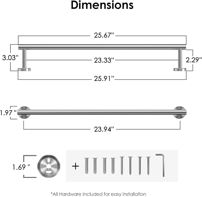FORIOUS Towel Bar 24" Towel Racks for Bathroom Wall 2 Pack Brushed Nickel | Total Length 26 Inch, Rustproof, Stainless Steel Towel Holder, Wall Mounted for Bathroom Bedroom, Heavy Duty, Space Saving