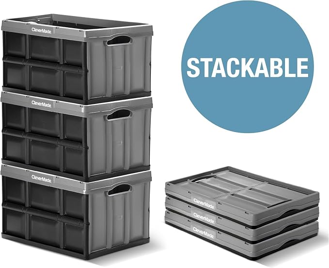 CleverMade Collapsible Storage Bins, 62L, 3 Pack, Ocean | Extra-large bins support 100 lb for groceries, tools, and gear. They stack securely and fold to 2.75 inches for storage.