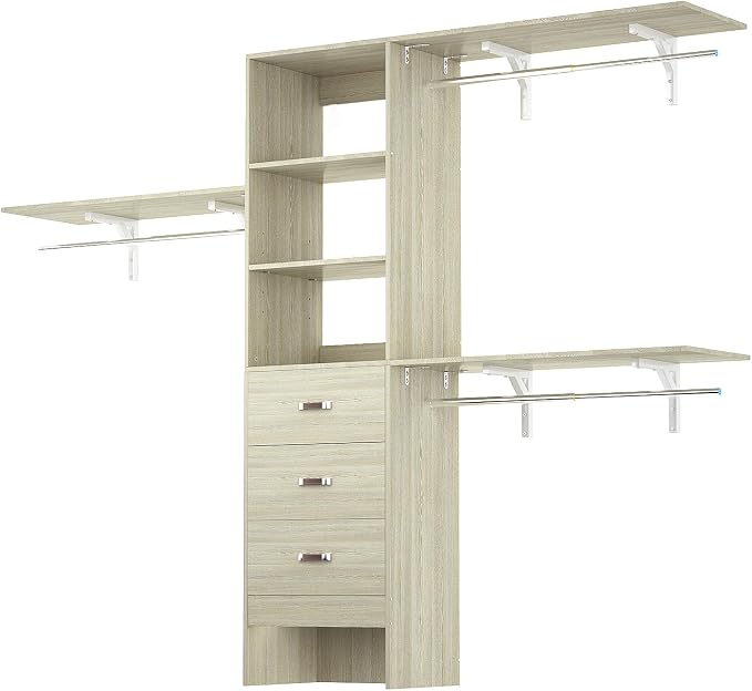iSunirm 8FT Closet System, 96'' Closet Organizer System with 3 Hanging Rods, Wall Mount Bedroom Wardrobe with 3 Drawers Walk-in Closet, Adjustable Garment Rack from 5 to 8FT(Cut to Fit), White Oak