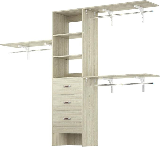 iSunirm 8FT Closet System, 96'' Closet Organizer System with 3 Hanging Rods, Wall Mount Bedroom Wardrobe with 3 Drawers Walk-in Closet, Adjustable Garment Rack from 5 to 8FT(Cut to Fit), White Oak