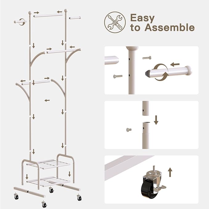 Rolling Clothes Rack with 2 Shelves, Small Metal Clothing Rack with Wheels | Gasvadivum 71" Tall Sturdy Garment Rack with 3 Hanging Rods, Freestanding Portable Coat Rack for Laundry Room, Bedroom, White