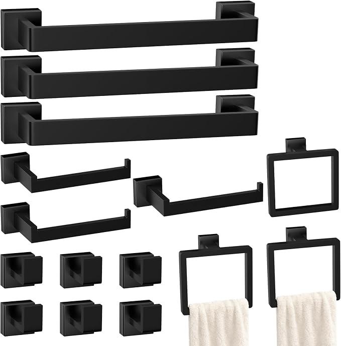 15-Pieces Matte Black Bathroom Accessories Set, 16 Inch Bath Towel Bar Set | Stainless Steel, Towel Ring, Toilet Paper Holder, Robe Hooks, Towel Racks for Bathroom Wall Mounted, Bathroom Hardware Set