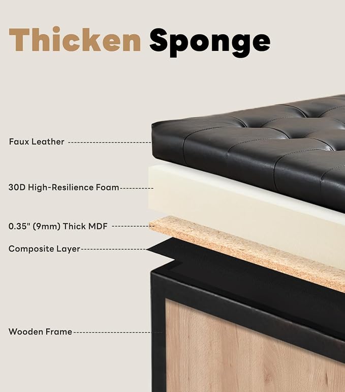 Tbfit Large Square Storage Ottoman Bench, Button Tufted Coffee Table, Oversized Storage Ottomans Toy Box Footrest for Living Room, Black