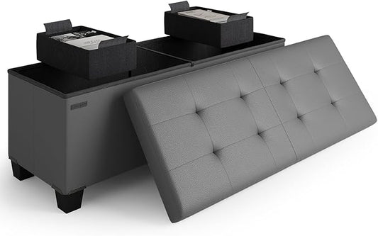 Storage Ottoman Bench with Bins, 43-in Storage Bench for Bedroom End of Bed, Folding Foot Rest Ottoman for Living Room Max 660lbs, Faux Leather Ottomans, Grey