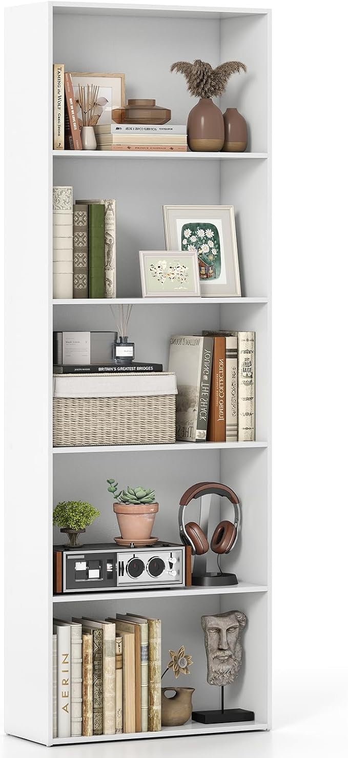 Giantex 5-Tier Bookshelf, Freestanding Tall Bookcase with 5 Open Compartments, Modern Storage Organizer, Display Shelving Unit for Living Room, Bedroom, Home Office, White