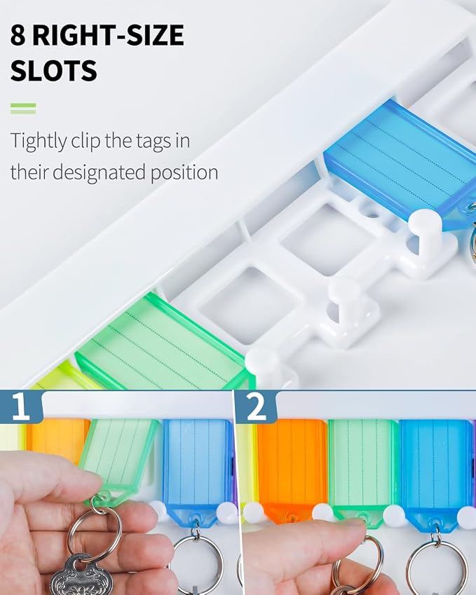 Uniclife 2 Pack Key Tag Rack, Slot Style Wall Mount Key Holder | Plastic Slot-Style Wall Rack Keeps Labeled Keys Organized with Transparent Tough Key Tag Identifiers in 8 Assorted Colors.