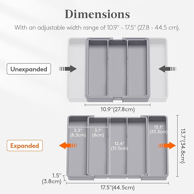 Lifewit Utensil Organizer for Kitchen Drawers, Expandable Cooking Utensil Tray, Adjustable Cutlery Silverware Flatware Holder, Plastic Spatula Tools Storage Divider, 11-18 x 14", Gray