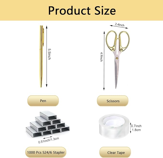 suniya Office Supplies Gold Desk Accessories Set Office Supplies Kit with Stapler, Tape Dispenser, Scissors, Staple Remover, Ballpoint Pen, Clear Tape & Staples – Best Gift for Business or Boss