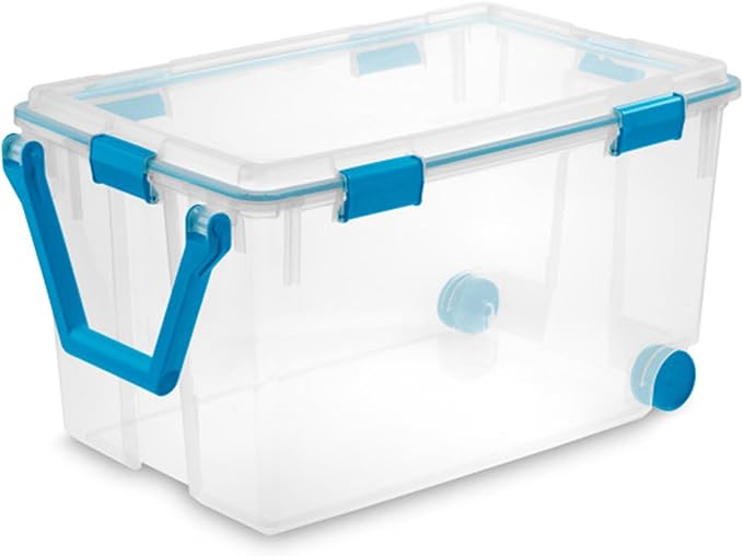 STERILITE 120 QT. Plastic Storage Container with Gasket Latch LID in Clear, 12-Pack | Heavy-Duty, Stackable, and Organizing Containers for Bathroom, Cabinet, Closet, and Garage, Clear and Blue Aquarium Latches