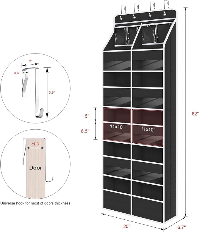 Univivi Upgraded Over the Door Organizer for Baby Nursery, Black, 6-Shelf | Fabric Door Organizer with Clear Window Deep Pockets, Over Door Hanging Organizer for Baby Essential, Bedroom, and Dorm