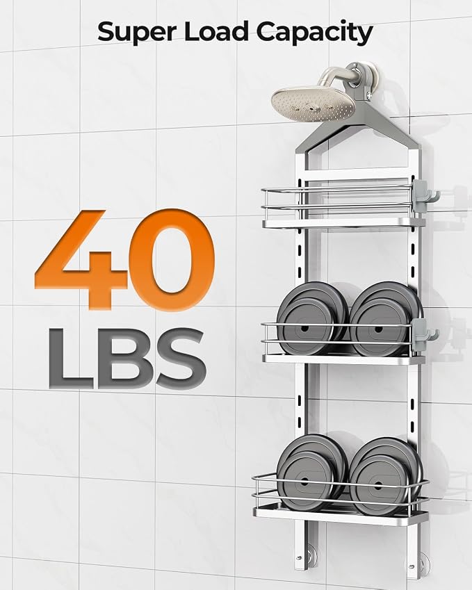 ODesign 3 Tier Adjustable Shower Organizer Hanging Over Head Silver | Shower organizer hanging,no drilling required,comes with removable hook and storage box, suitable for indoor showers