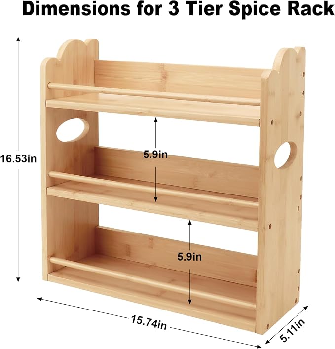 3 Tier Bamboo Spice Rack, Spice Rack Organizer, Seasoning Jars Rack Shelf Spice Organizer for Kitchen Counter or Wall Mounting, Spice Storage Holder with handles, Jars Not Included,Natural