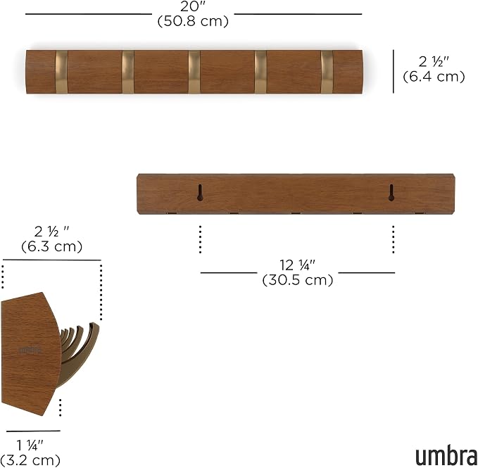 Umbra Flip Coat Rack, Wall Mounted 5-Hook Space Saving, Walnut/Gold | Real wood and steel build, retractable hooks fold flat, holds coats bags and scarves, easy install