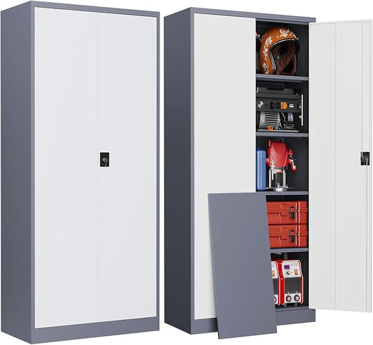 Metal Garage Storage Cabinets with Lock, 72" Tall Tool Cabinet with 2 Door and 4 Adjustable Shelves, Locking Garage Cabinets and Lockable Steel Locker for Home Office Warehouse-(Gray White-72”H)